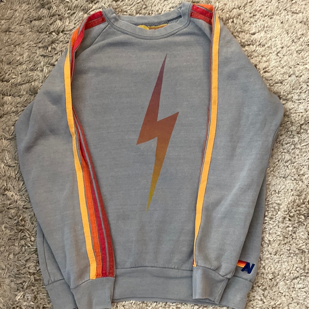 Aviator Nation Gray Sweatshirt with Lightning Bolt and Stripes